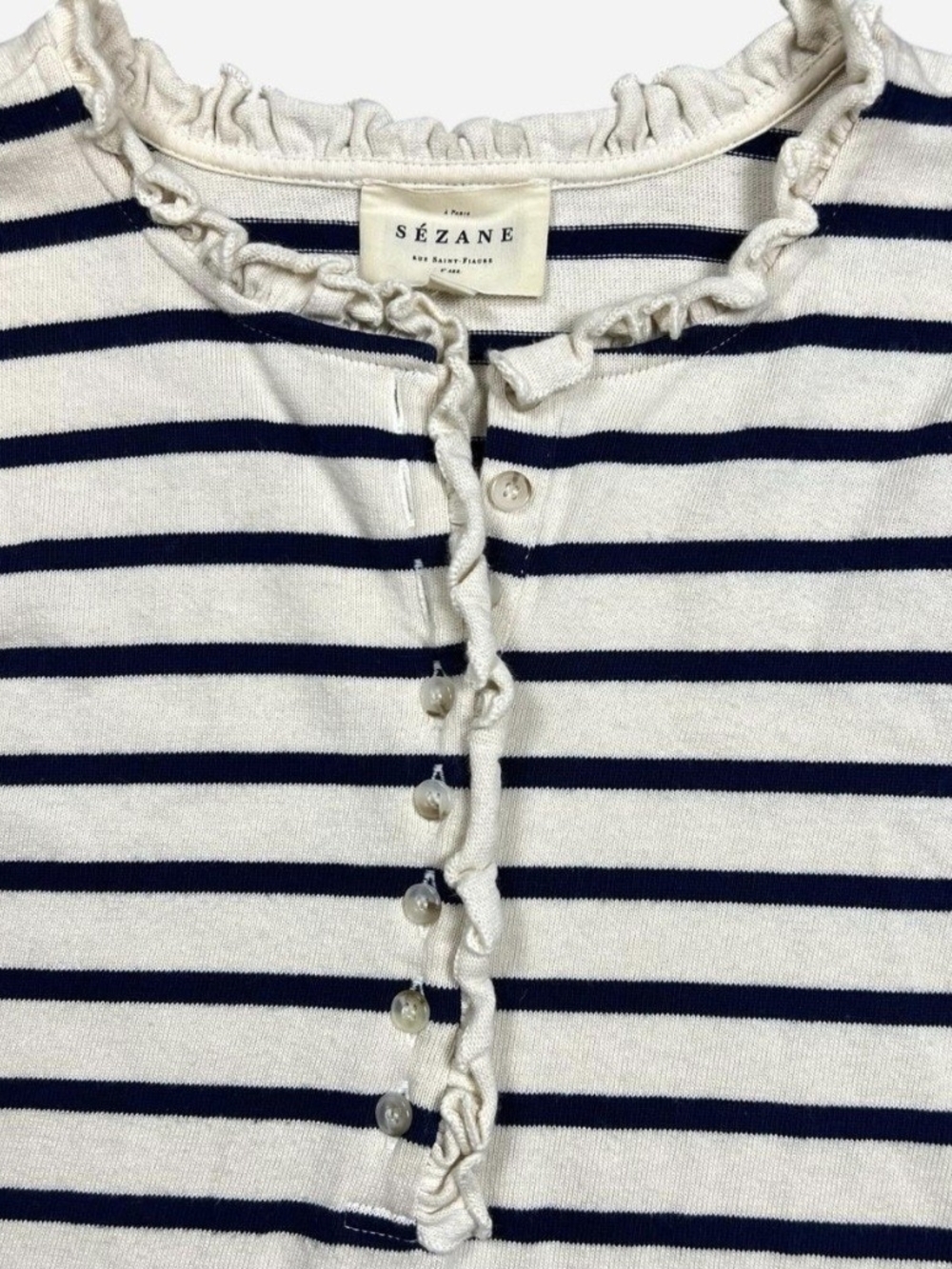 Sézane Gaël Marinière Striped Ruffle Top in Ecru / Navy - Size M